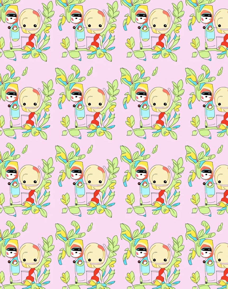 Whimsical Pink Cartoon Characters Foliage Rug