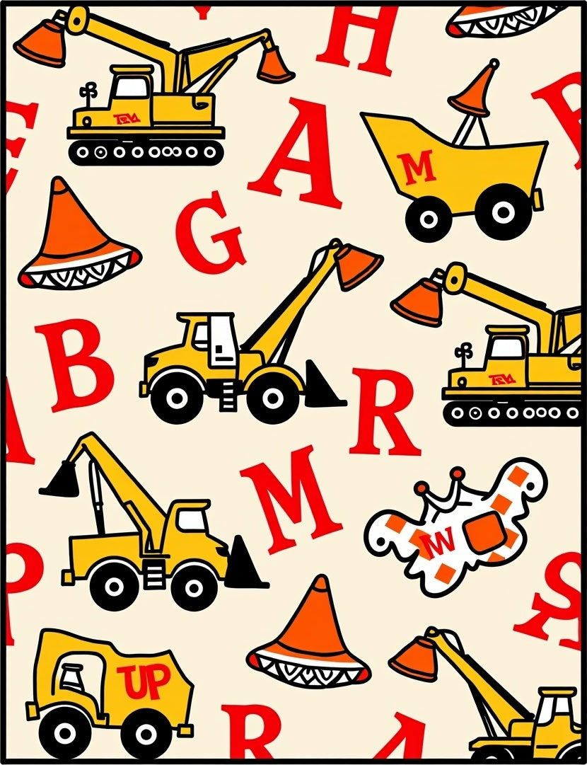 Yellow Construction Vehicles Red Alphabet Rug