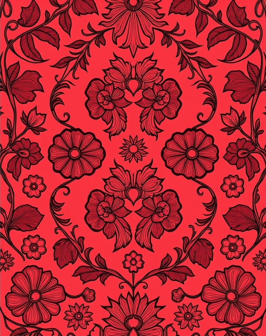 Rich Red Floral Vine Arrangement Rug