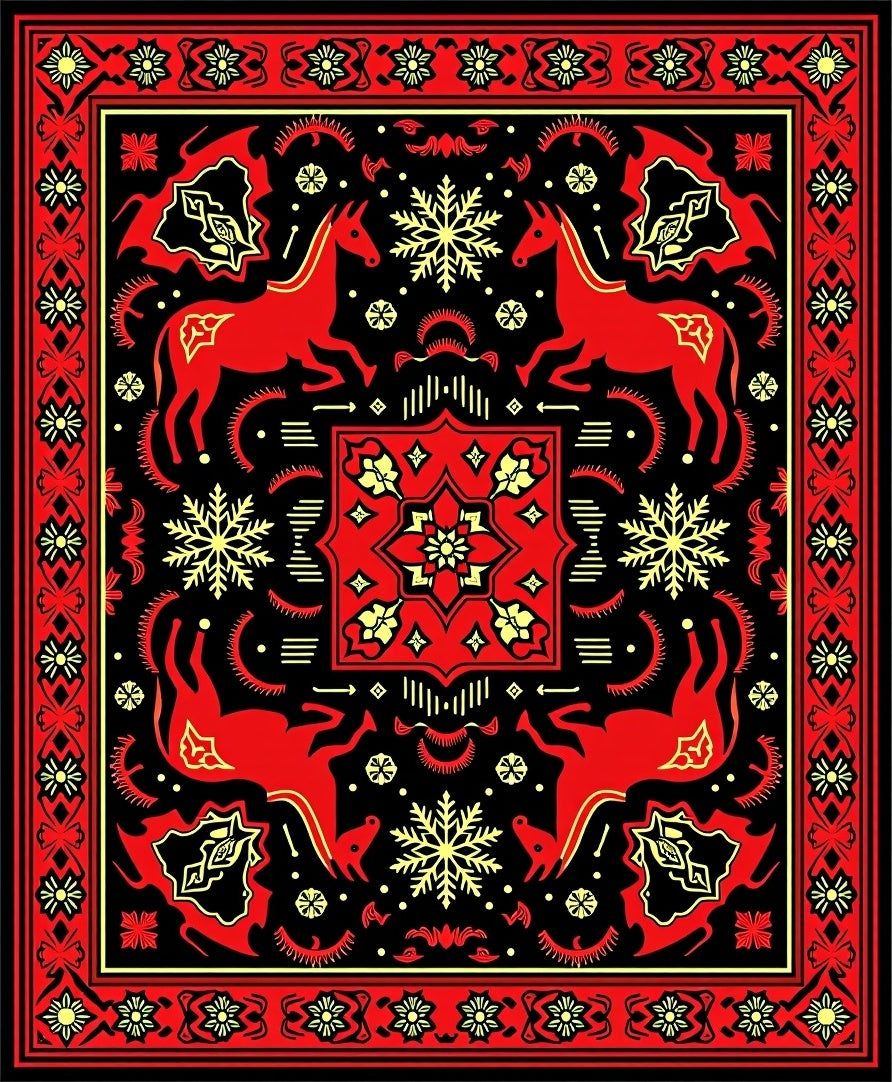 Red Yellow Horse Snow Flake Border Rug