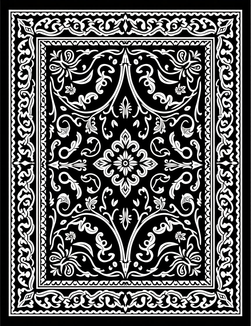Black White Intricate Floral Scroll Rug