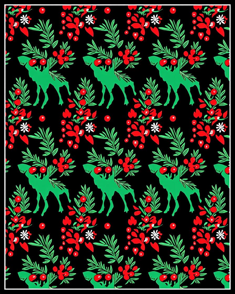 Green Reindeer Red Berry Christmas Rug