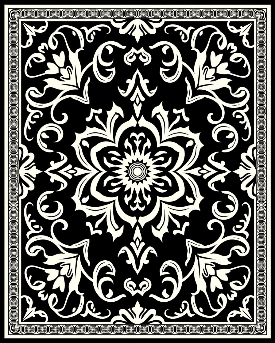 Black and Cream Oriental Medallion Rug