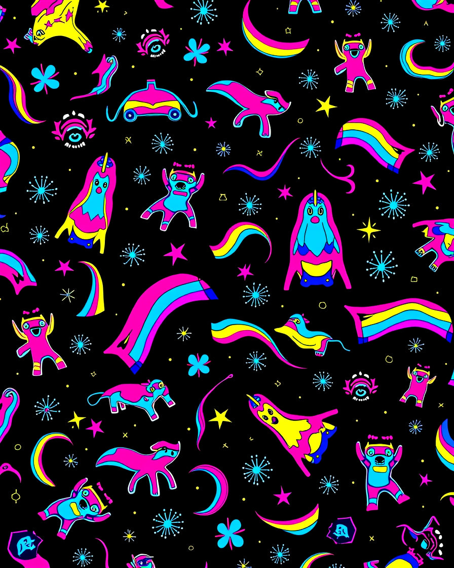 Surreal Neon Creatures and Cosmic Elements Rug