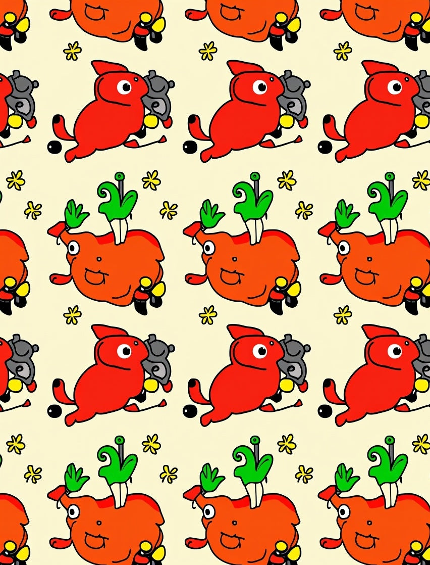Playful Red Creatures Yellow Blooms Rug