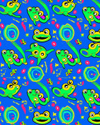 Playful Green Frogs Scattered Blue Background Rug