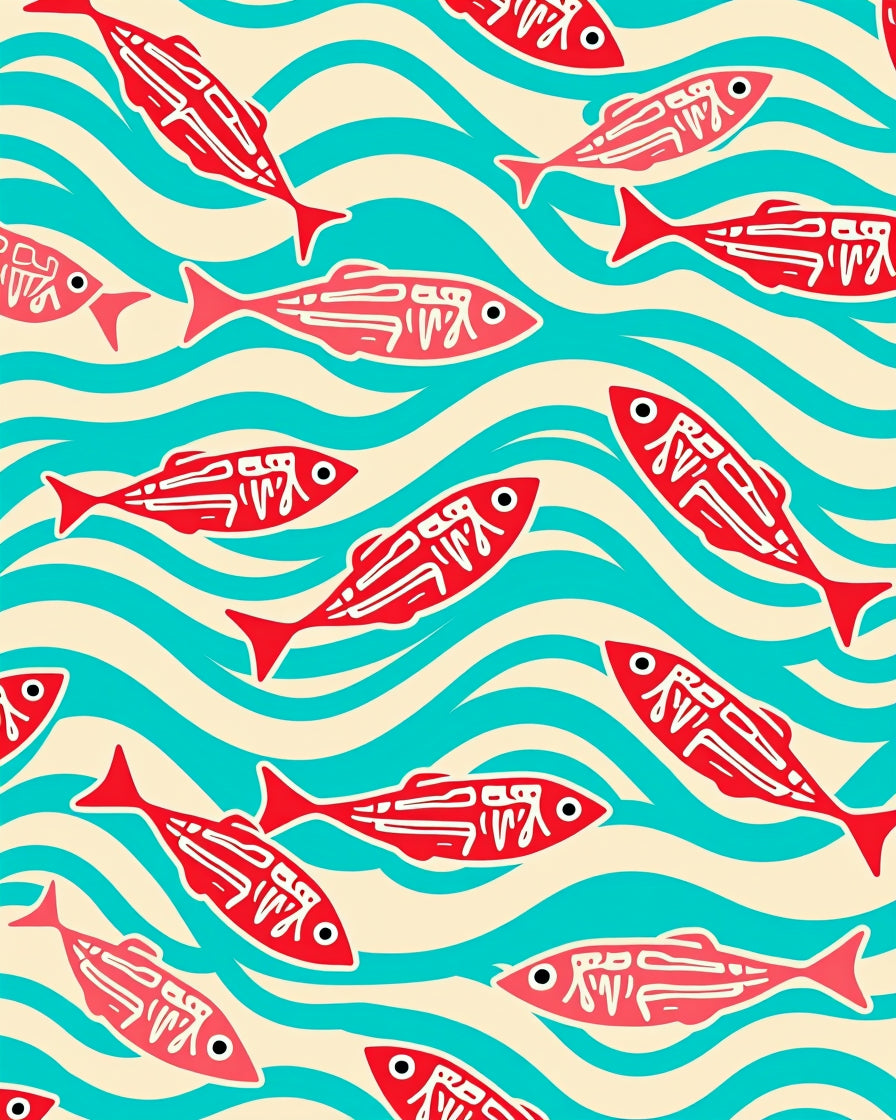 Red Fish Aqua Waves Rug