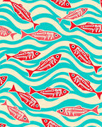 Red Fish Aqua Waves Rug