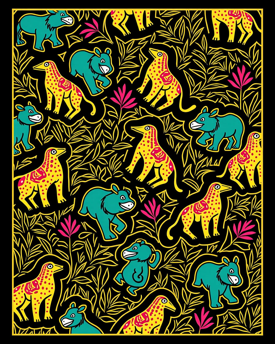 Teal Bear Yellow Spotted Animal Foliage Rug