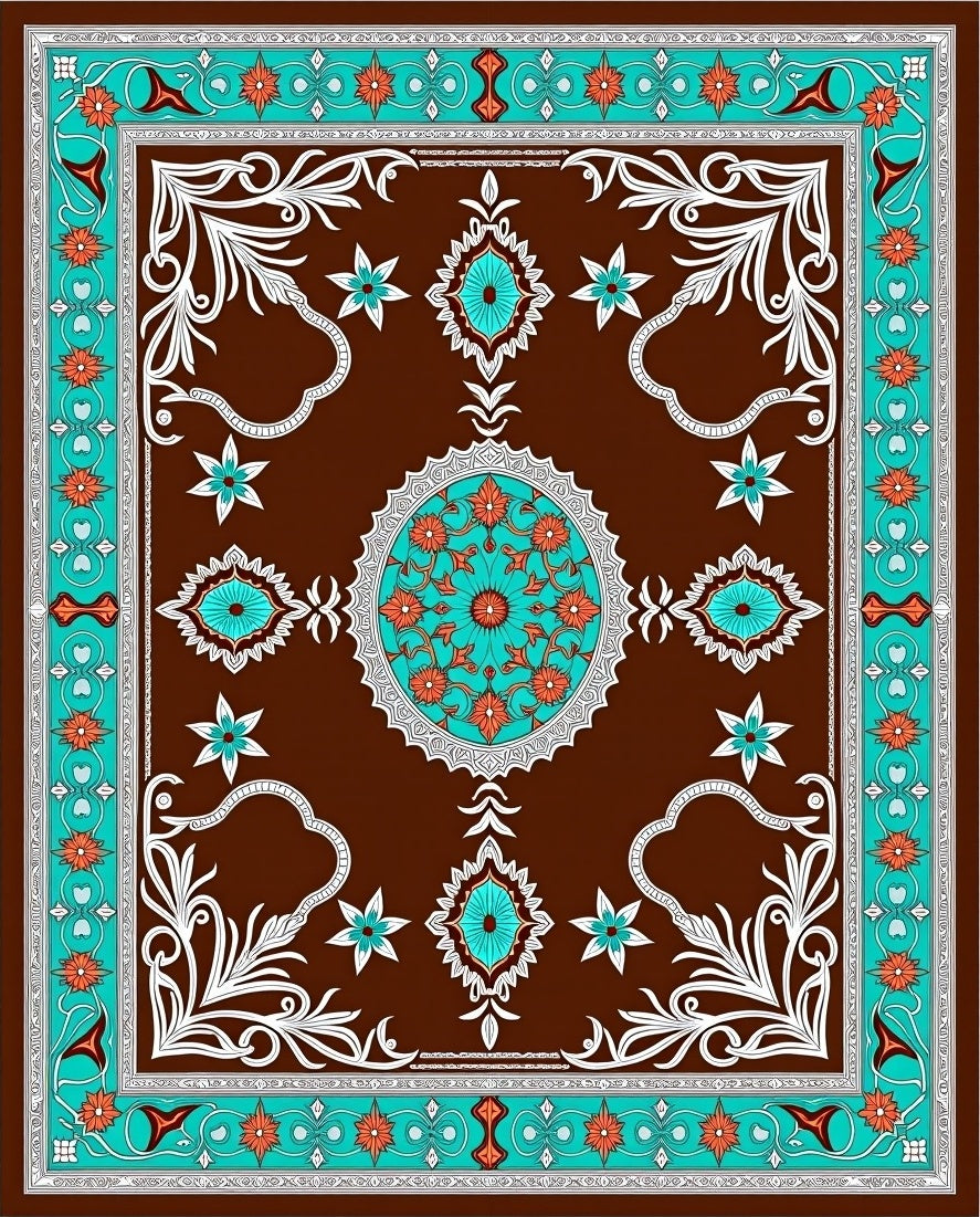 Brown Teal Orange Floral Medallion Rug