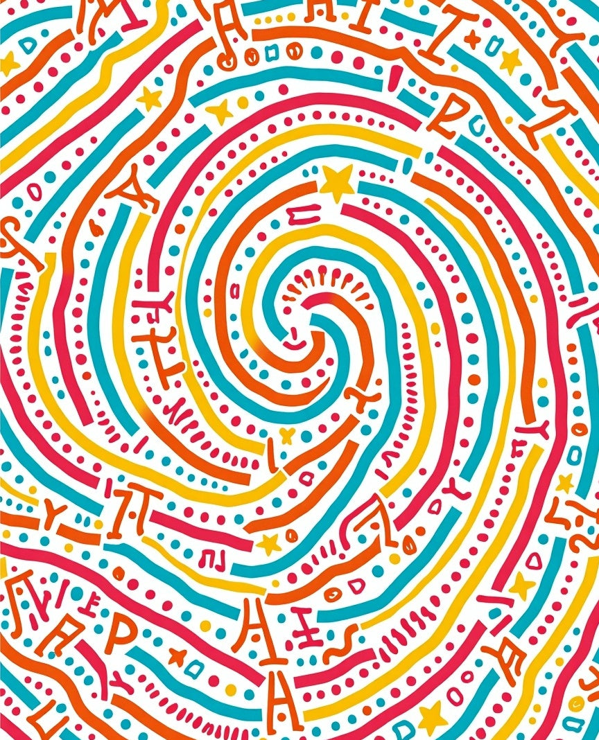 Vibrant Rainbow Swirl Alphabet Art Rug