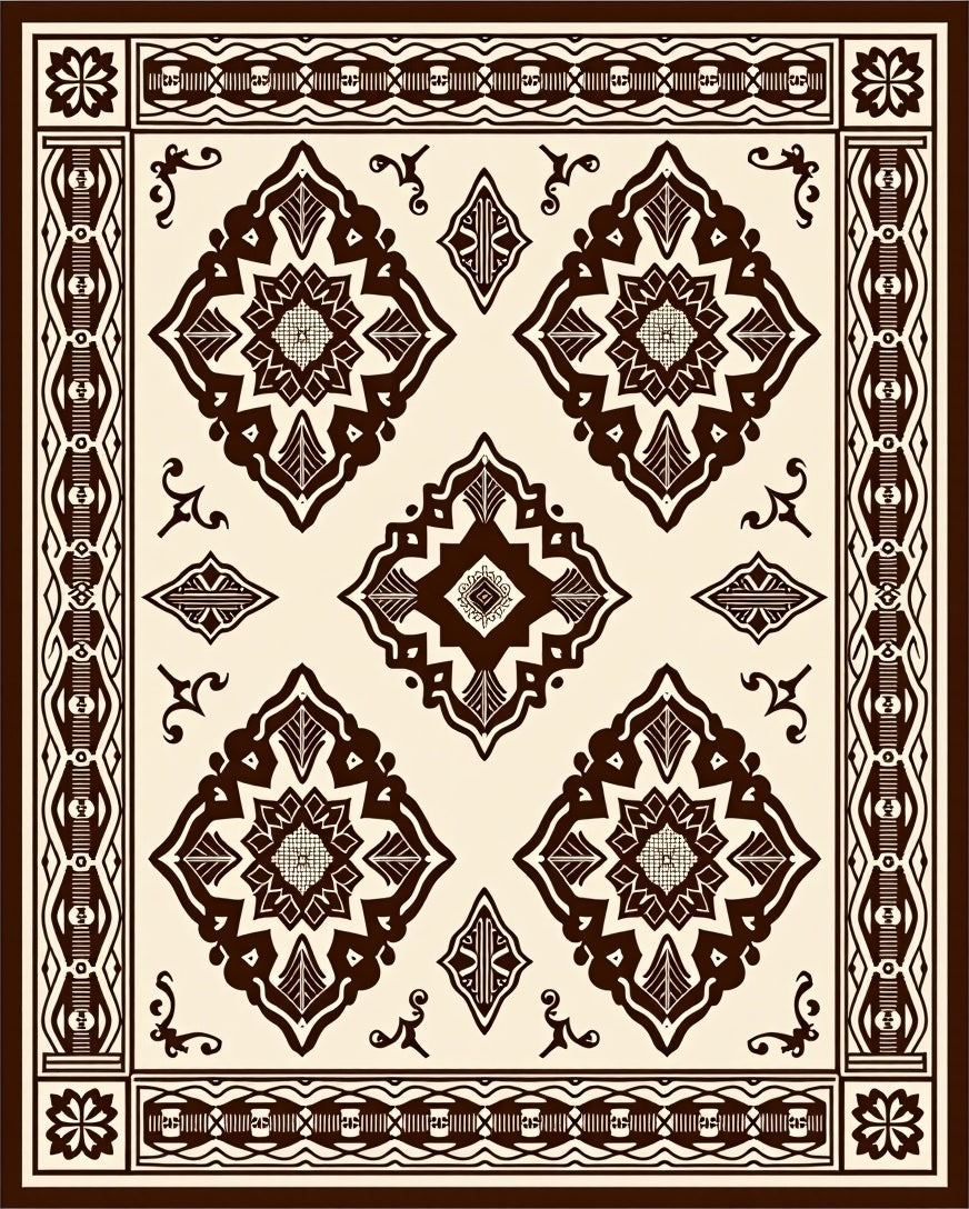 Dark Brown and Cream Medallion Border Rug