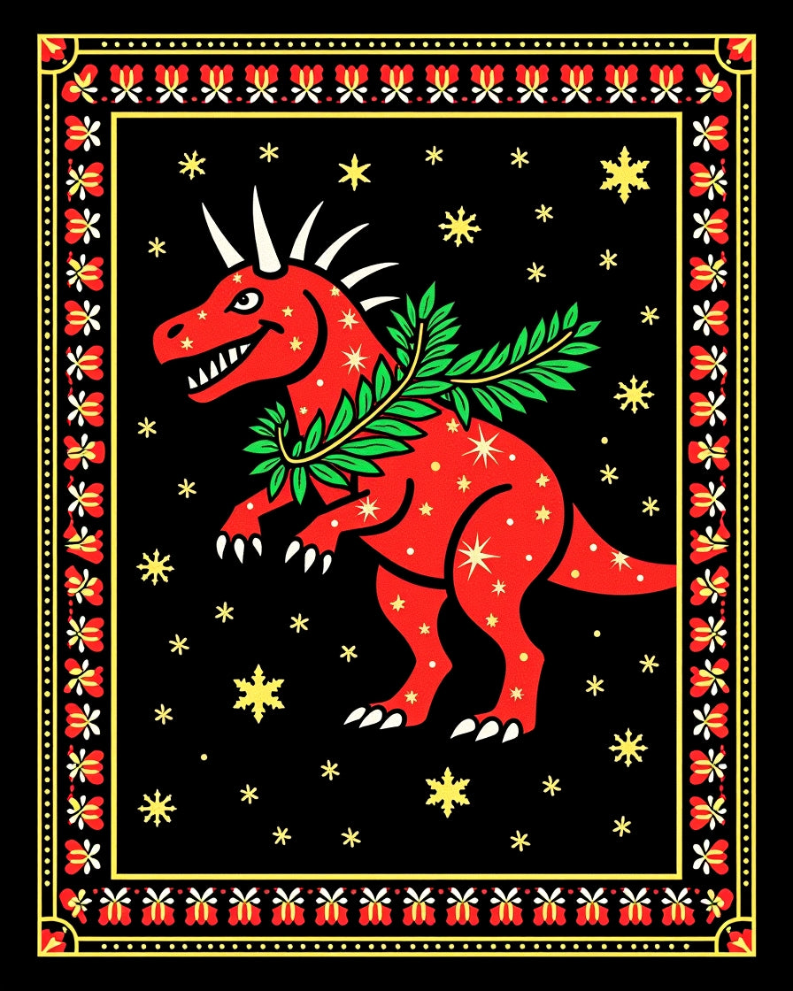 Whimsical Red Dinosaur Garland Border Rug