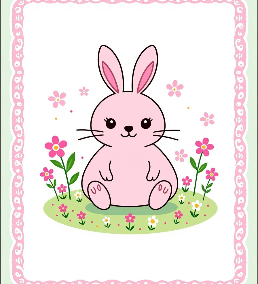 Pink Bunny With Flowers On Grass Rug