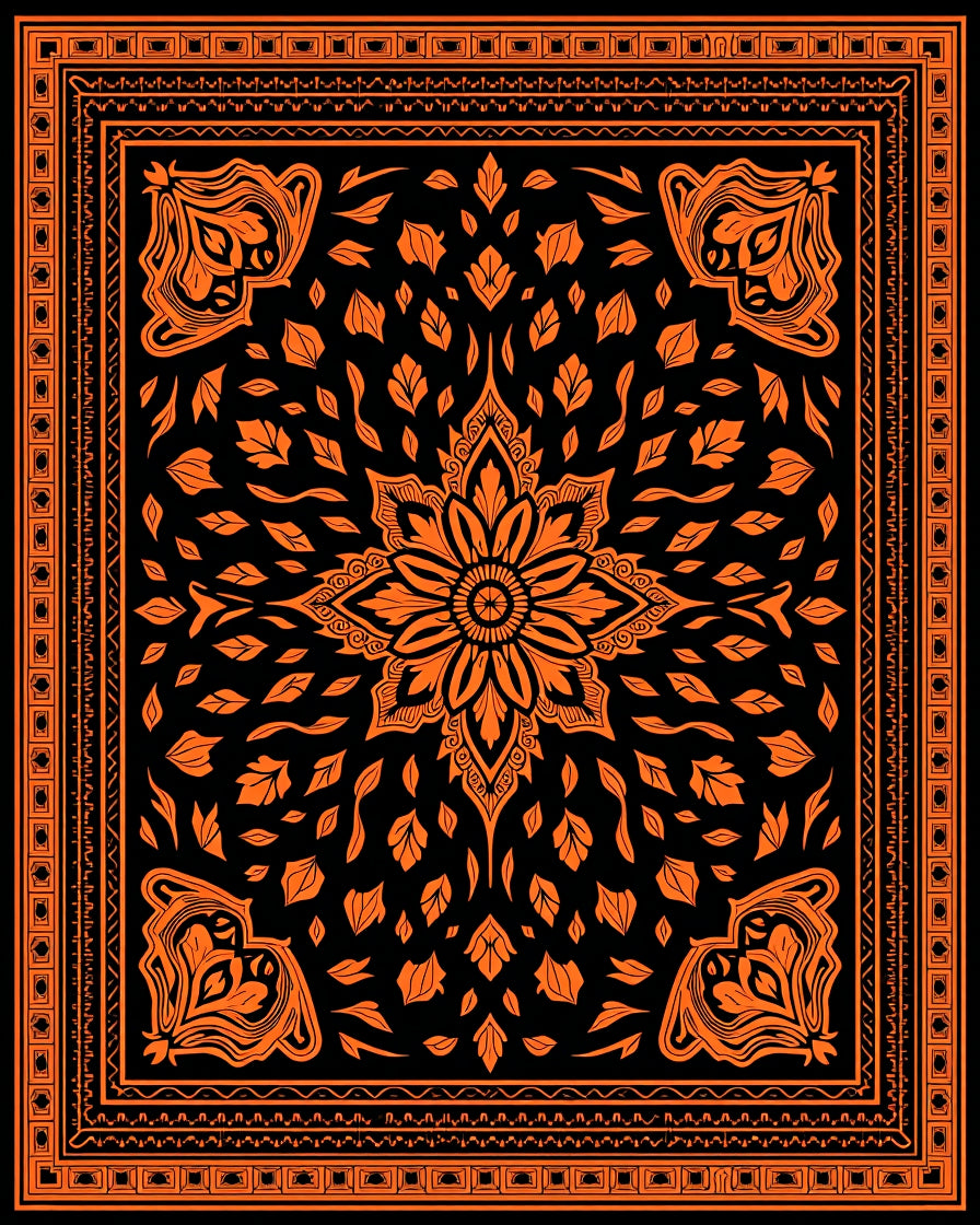 Bold Orange Floral Mandala Bordered Rug