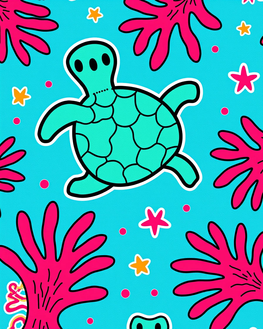 Aqua Turtle Coral Star Underwater Scene Rug