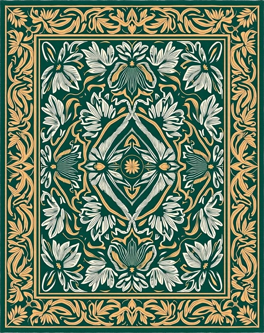 Emerald Art Nouveau Floral Scroll Rug