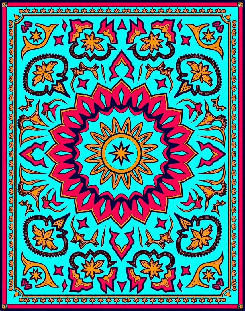 Bright Teal Pink Sunburst Medallion Rug