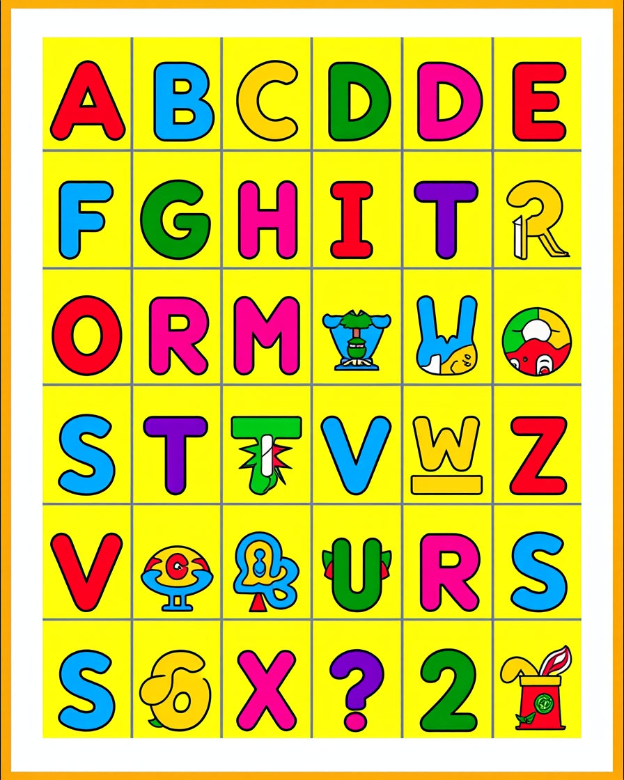 Bright Alphabet Grid with Cartoon Accents Rug