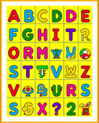 Bright Alphabet Grid with Cartoon Accents Rug