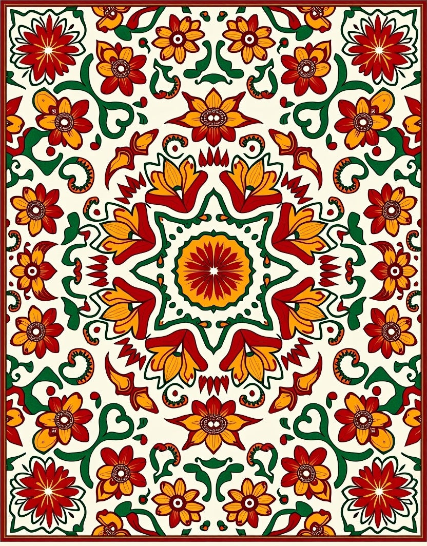 Vibrant Red Yellow Floral Medallion Rug