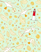 Seagulls Lighthouse Shells Seafoam Green Rug