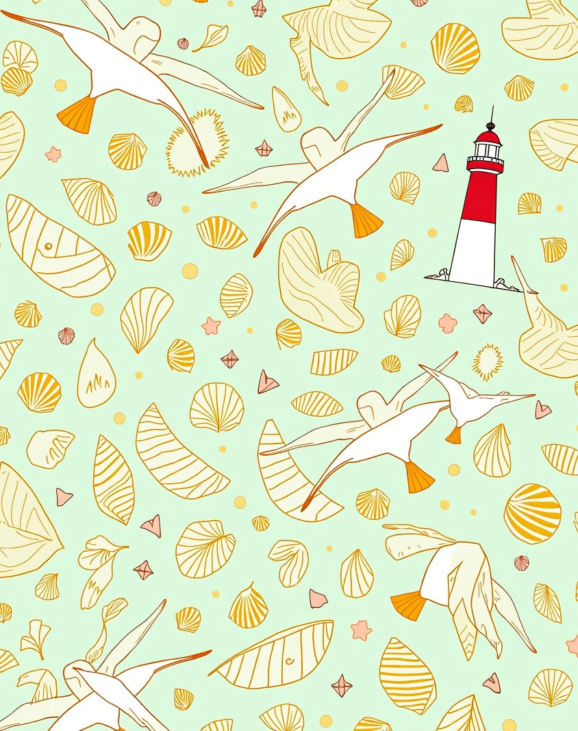 Seagulls Lighthouse Shells Seafoam Green Rug