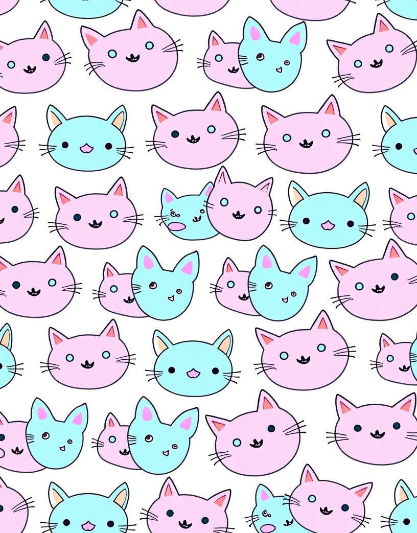 Pink And Teal Kawaii Cat Faces Rug