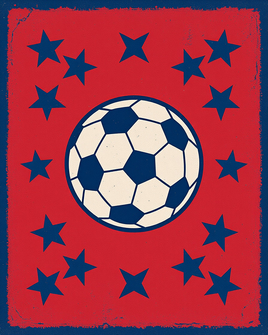 Red Blue Stars Soccer Ball Collage Rug