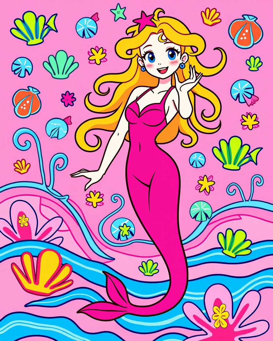 Bright Pink Mermaid Ocean Waves Rug