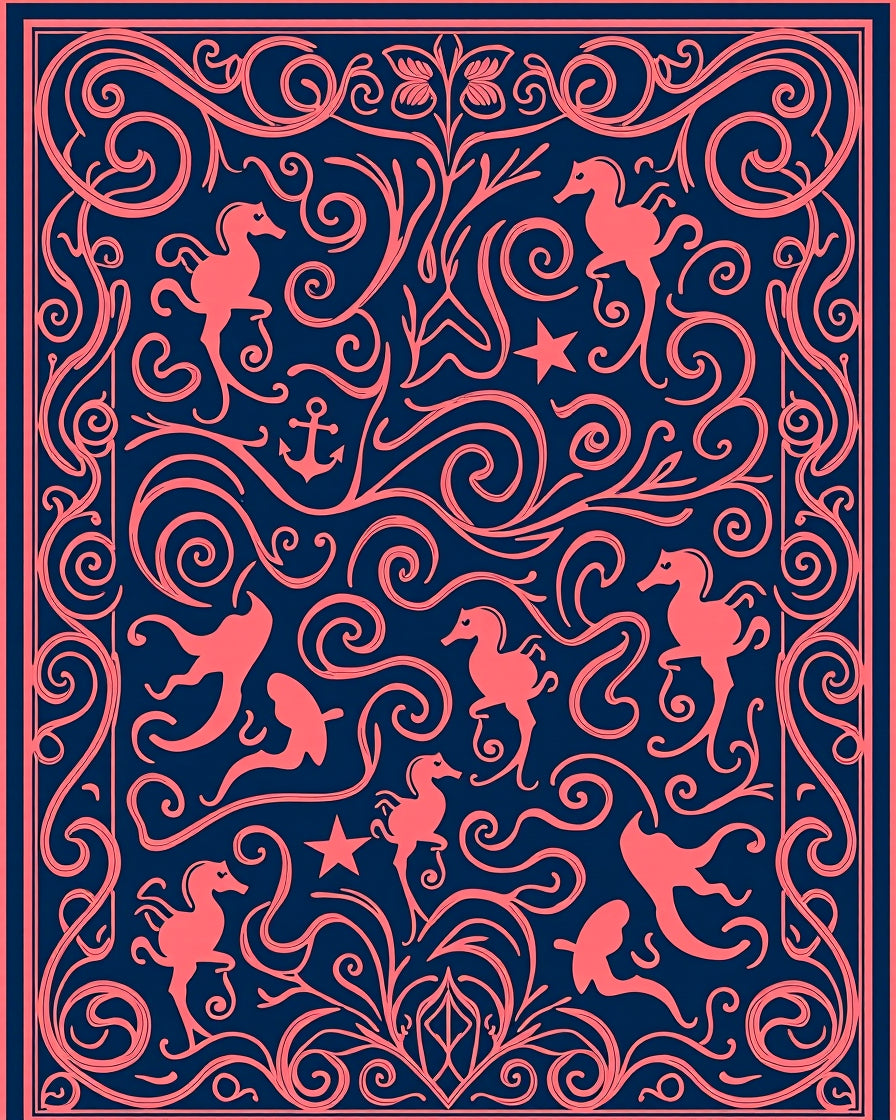 Coral Seahorse Swirl Navy Blue Rug