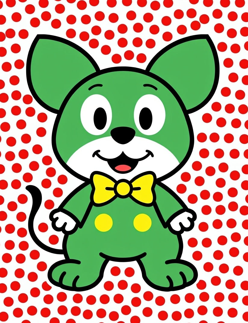 Green Mouse Yellow Bow Red Dots Rug