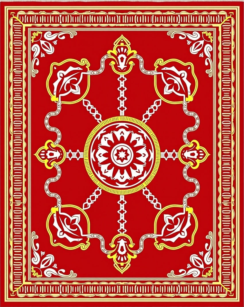 Crimson White Yellow Medallion Filigree Rug