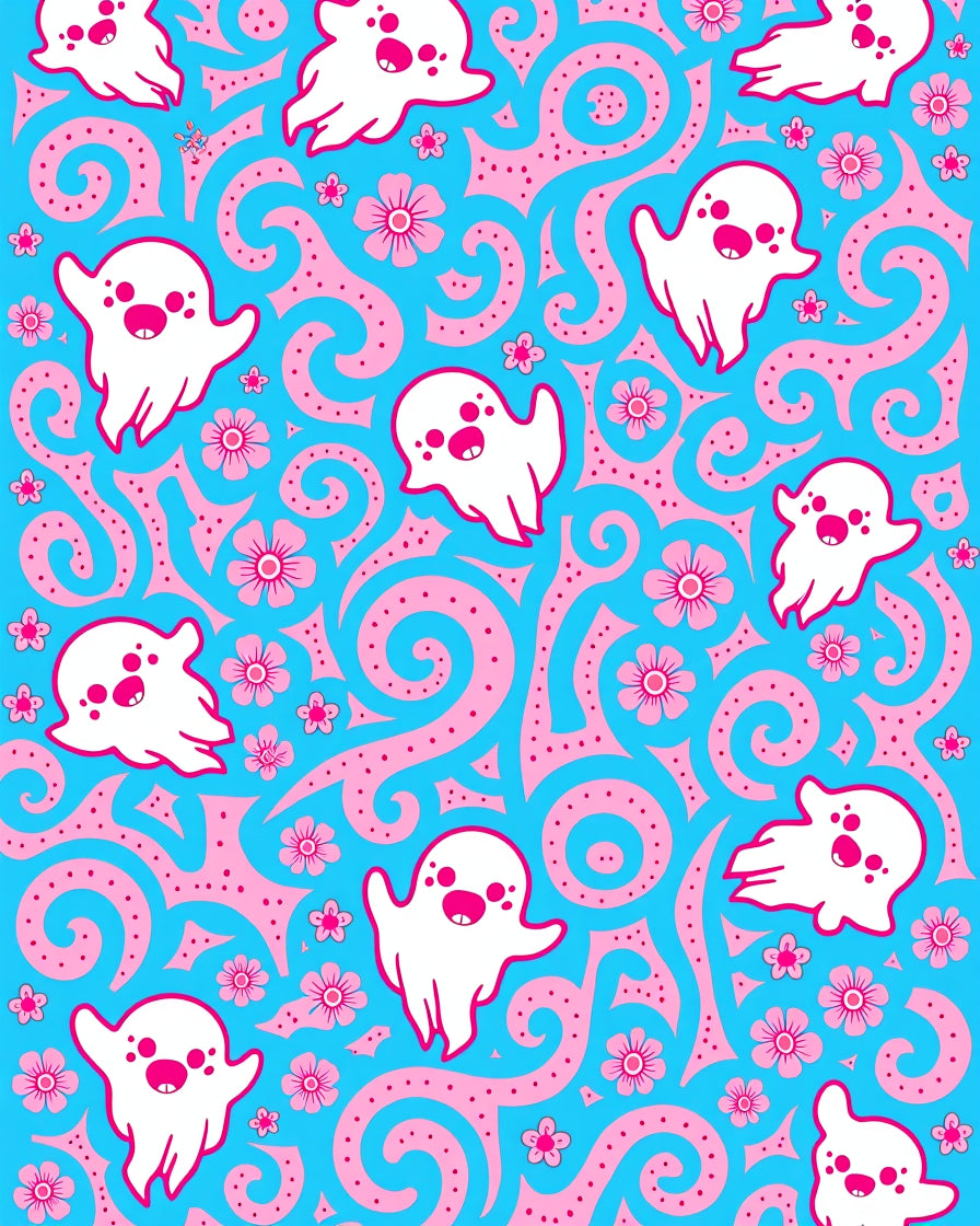 Cute White Ghost Pink Floral Swirl Rug