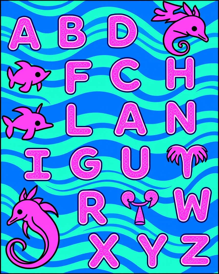Pink Dolphins Waves Alphabet Rug