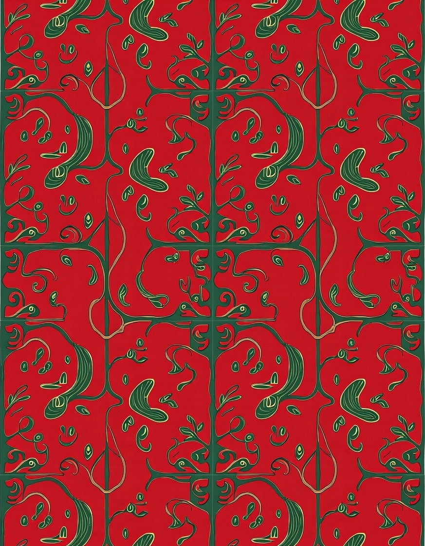 Red green ornate botanical vine Rug