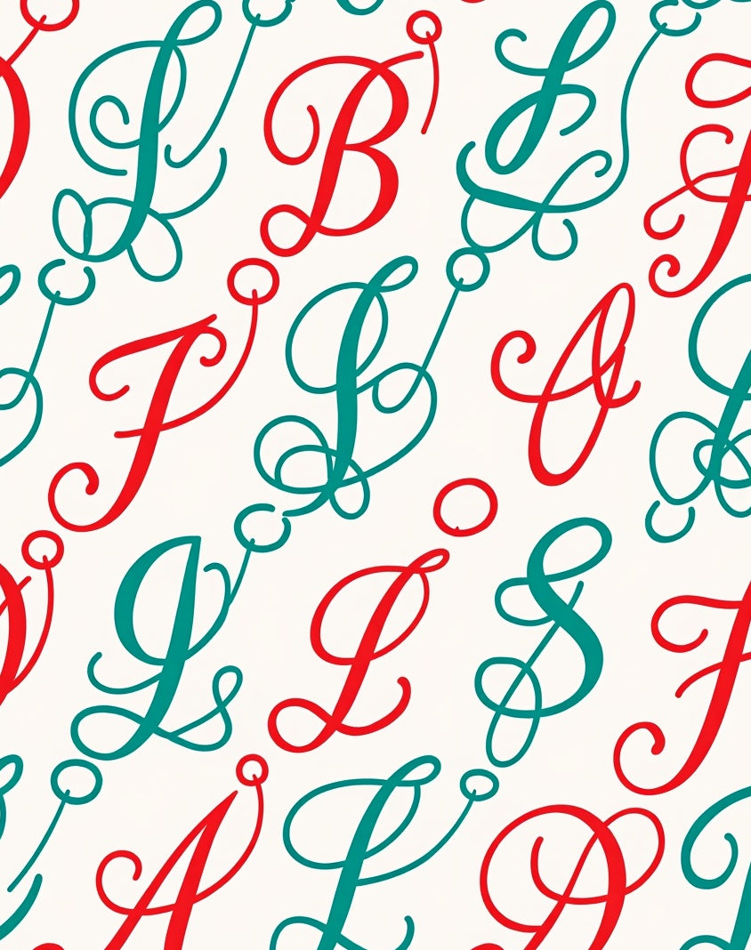 Red Teal Script Alphabet Arrangement Rug