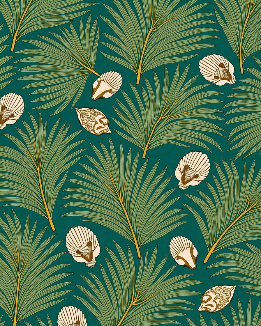 Green Palm Frond Shell Medallion Rug