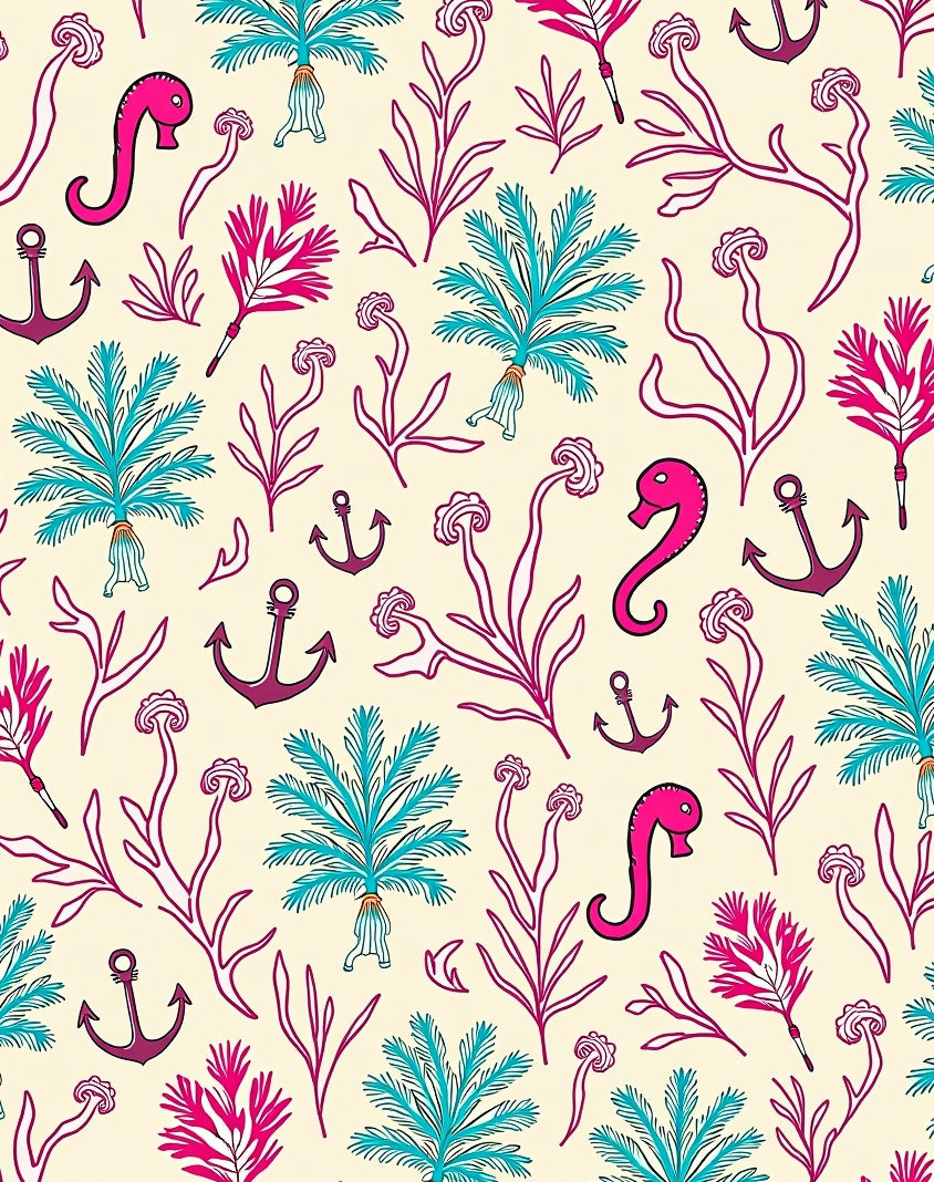 Whimsical Ocean Life Coral Seahorse Anchors Rug