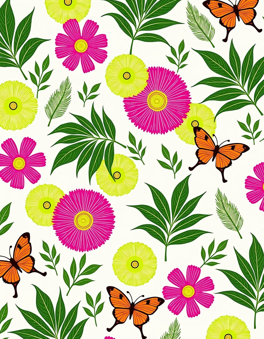 Vibrant Pink Flowers Orange Butterflies Foliage Rug