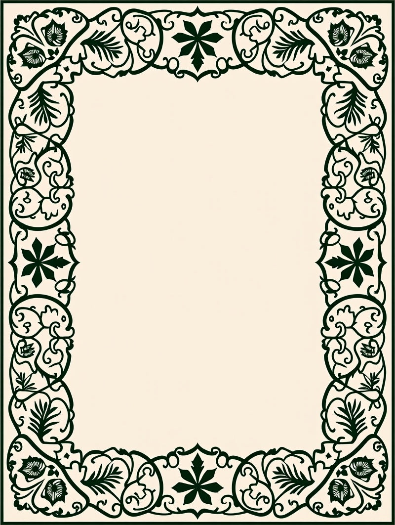 Dark Green Floral Leaf Border Rug