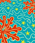 Vibrant Red Coral Yellow Star Rug