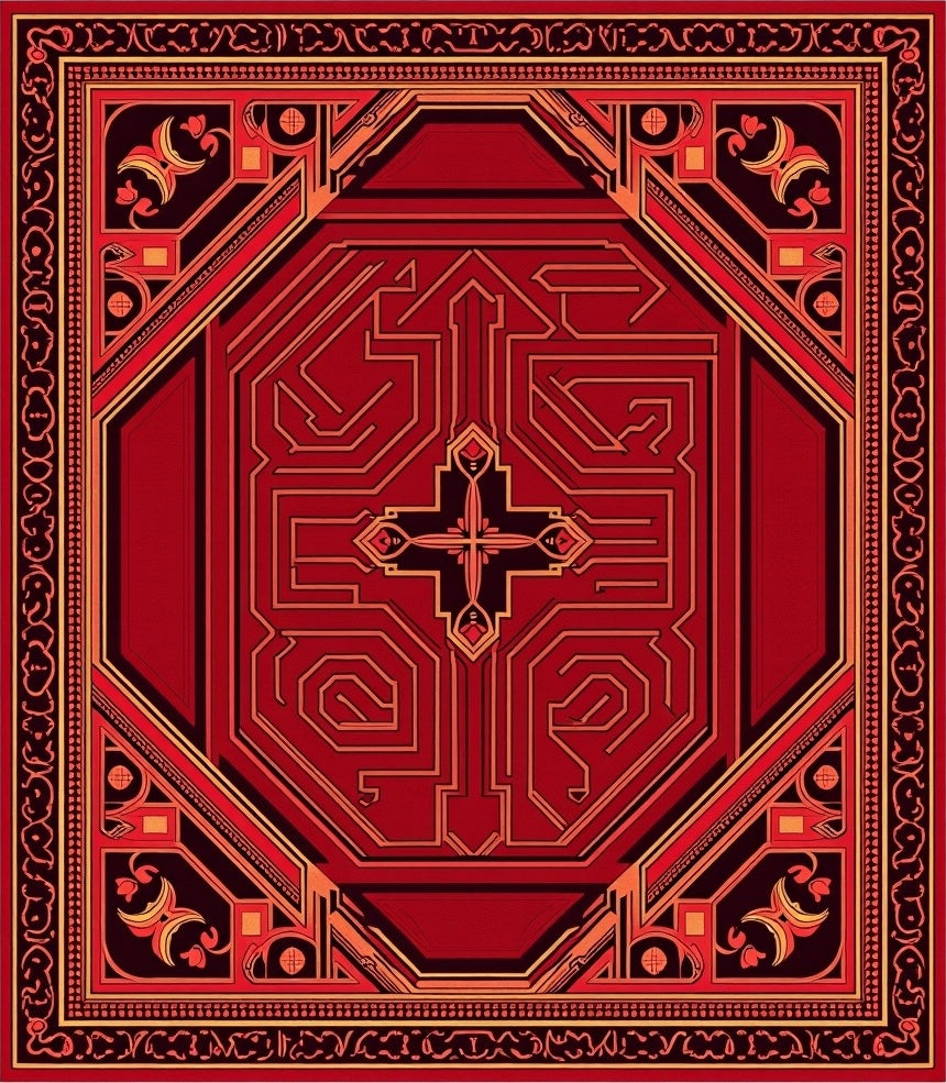 Red Orange Geometric Circuit Line Medallion Rug