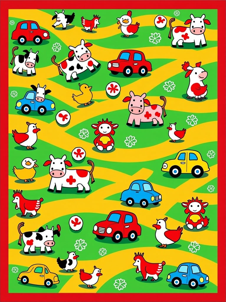 Cartoon Farm Animals Cars Yellow Green Red Rug