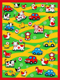 Cartoon Farm Animals Cars Yellow Green Red Rug