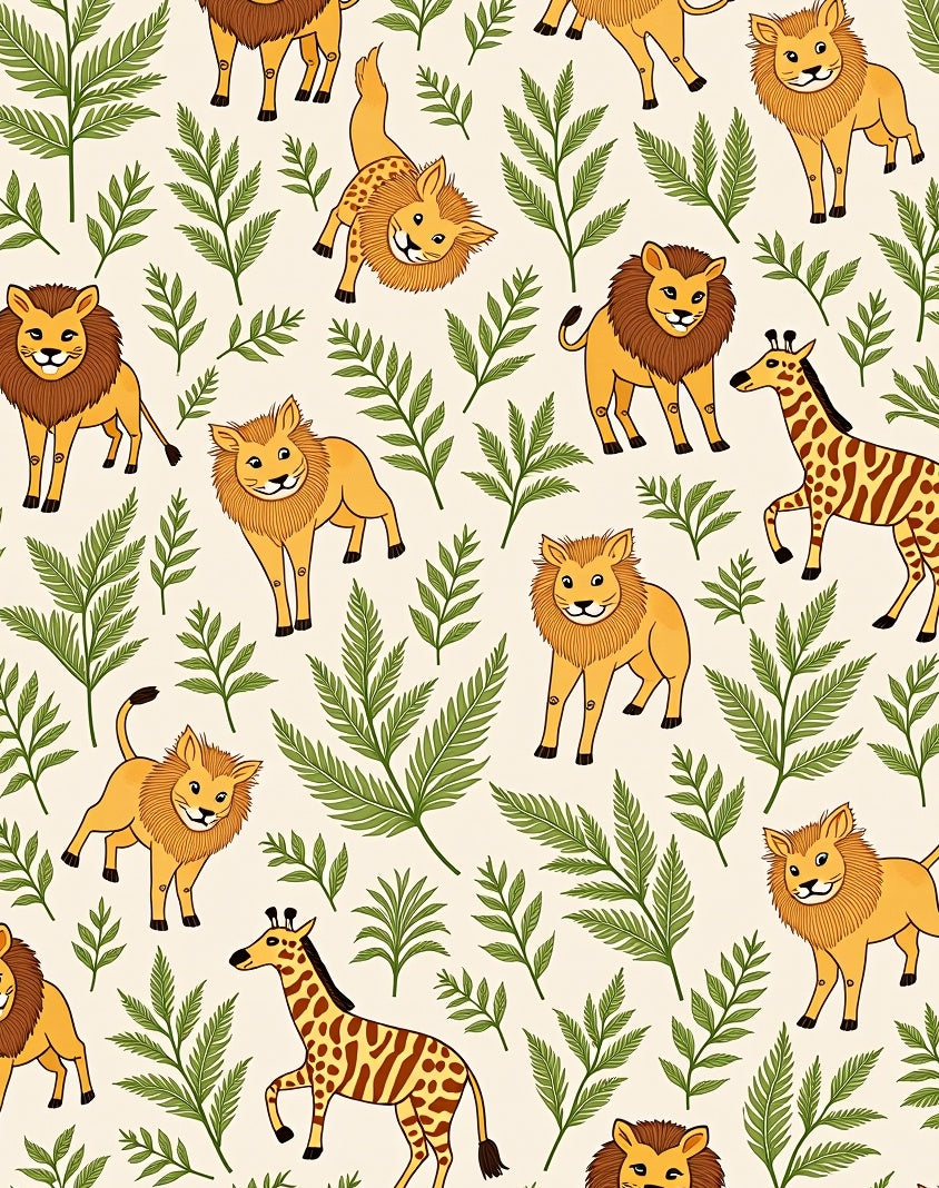 Playful Lions Giraffes Green Foliage Rug