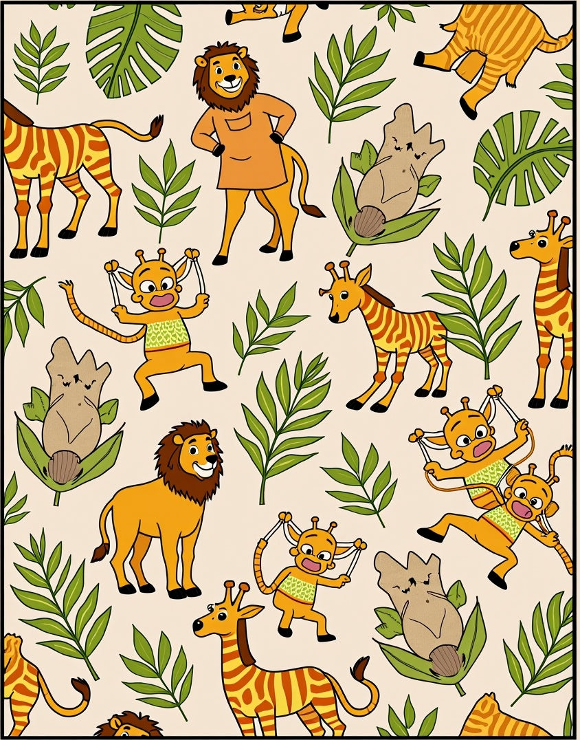 Whimsical Safari Animals and Foliage Rug