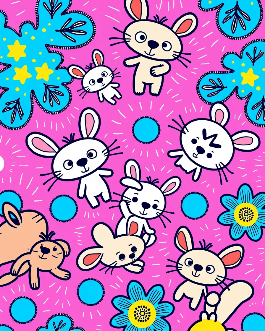 Cute Pink Bunny Flower Whimsical Rug