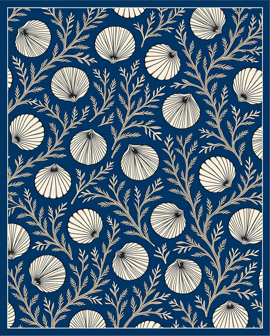 Deep Blue Cream Scallop Branch Rug