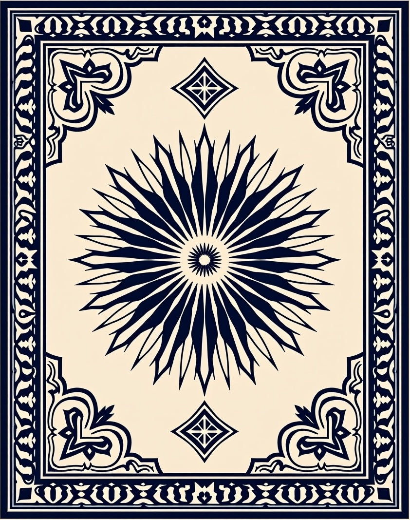 Classic Navy Sunburst Floral Frame Rug